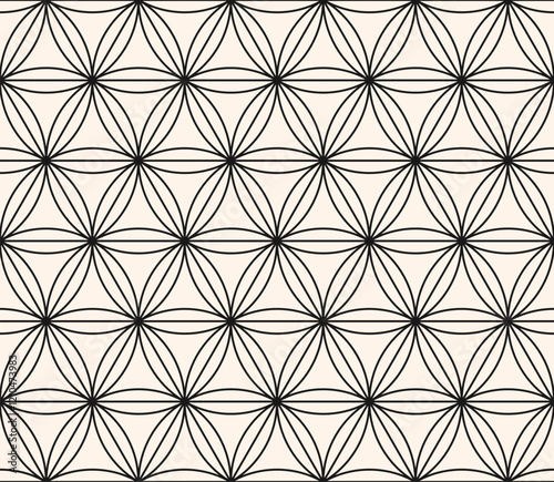 Black and white vector geometric seamless pattern with floral grid, thin lines, hexagons, triangles, circles, lattice. Abstract minimal linear background in oriental style. Repeated monochrome texture