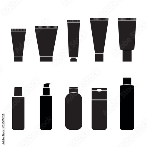 Collection of silhouettes of various cosmetic packaging, tubes, bottles with dispensers and caps. Cosmetics, skin care, packaging design, beauty salon, product advertising