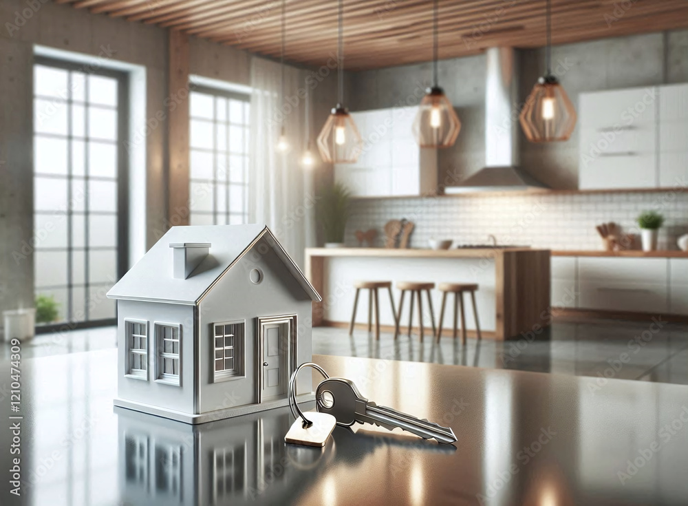 Modern Kitchen with House Model and Keys