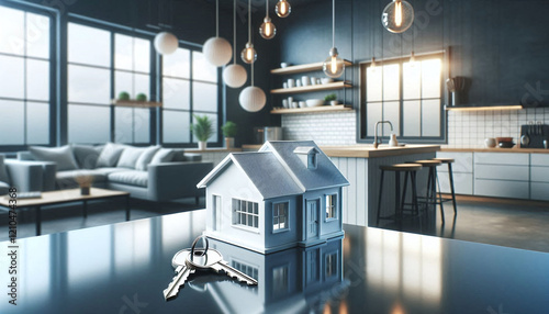 Modern Kitchen with House Model and Keys