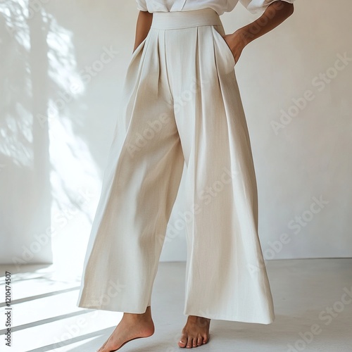 Effortless Elegance: Wide-Leg Pleated Pants in Cream photo