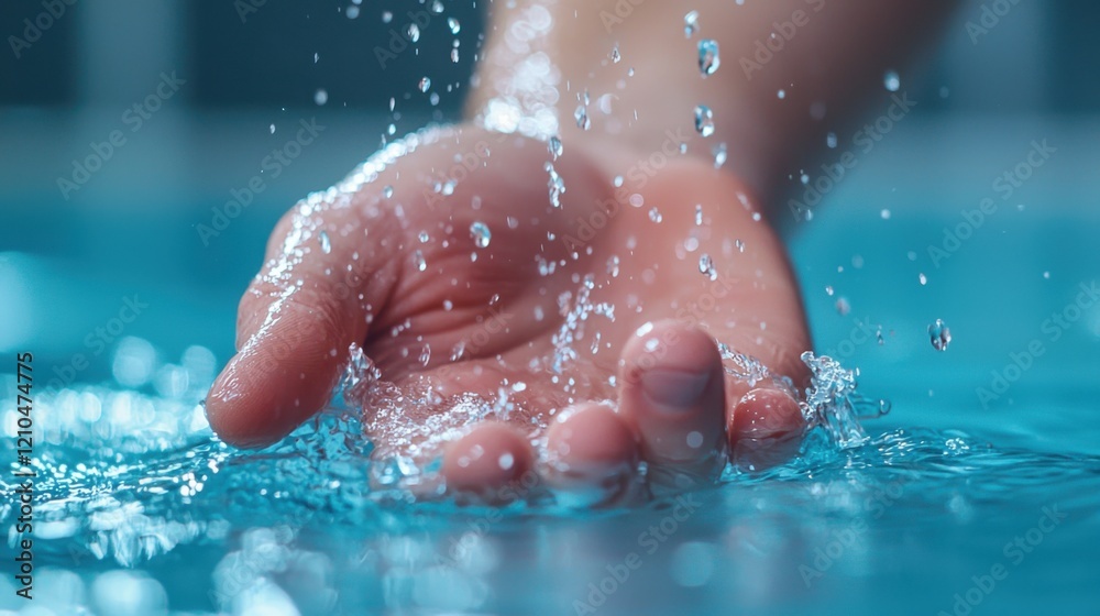 Fototapeta premium Close-Up of Hand Catching Water Drops in Clear Blue Pool