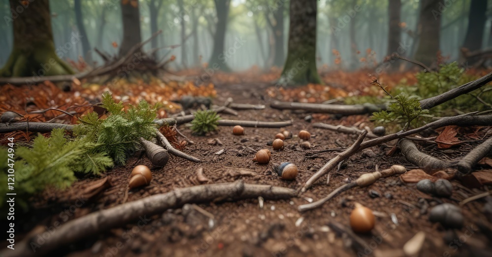 Acorns and sticks on forest ground amidst fallen branches, woodlands, acorns, forest ground Acorns and sticks on forest ground amidst fallen branches, woodlands, acorns, forest ground