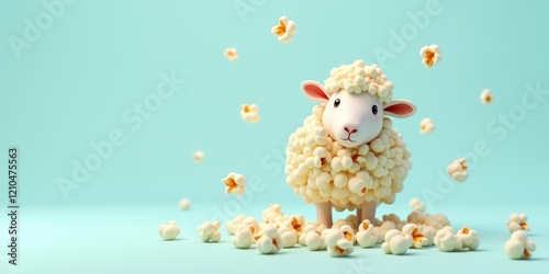 A whimsical sheep covered in popcorn, set against a vibrant teal background. Perfect for creative projects, advertising, or food-related content. photo