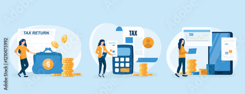 Declaration programs, easy reporting, tax website. Desktop tax filing software, mobile app tax filing software, filing online service metaphors. Vector isolated concept metaphor collection of scenes.