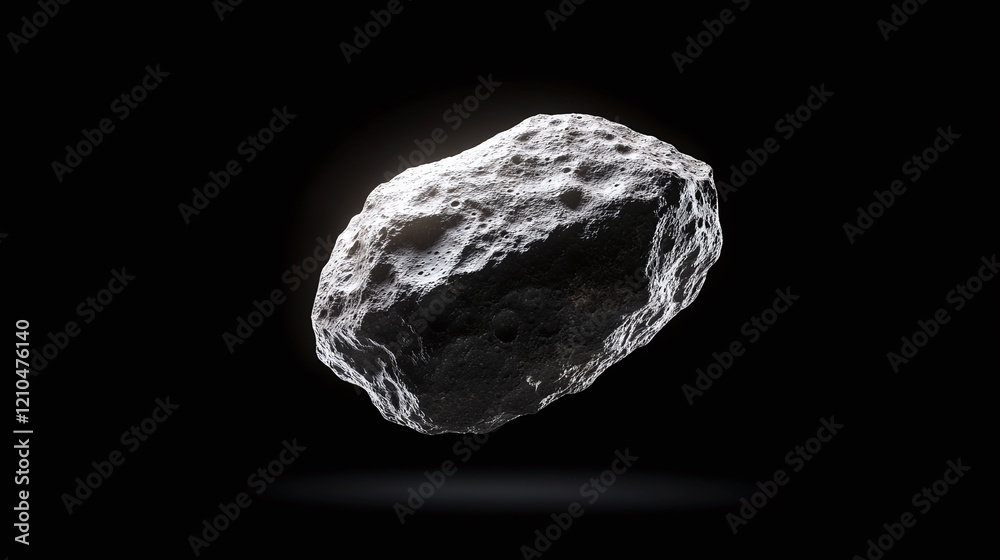 Highly detailed and realistic asteroid floating in deep space against a black backdrop showcasing its surface texture and craters Highly detailed and realistic asteroid floating in deep space against a black backdrop showcasing its surface texture and craters