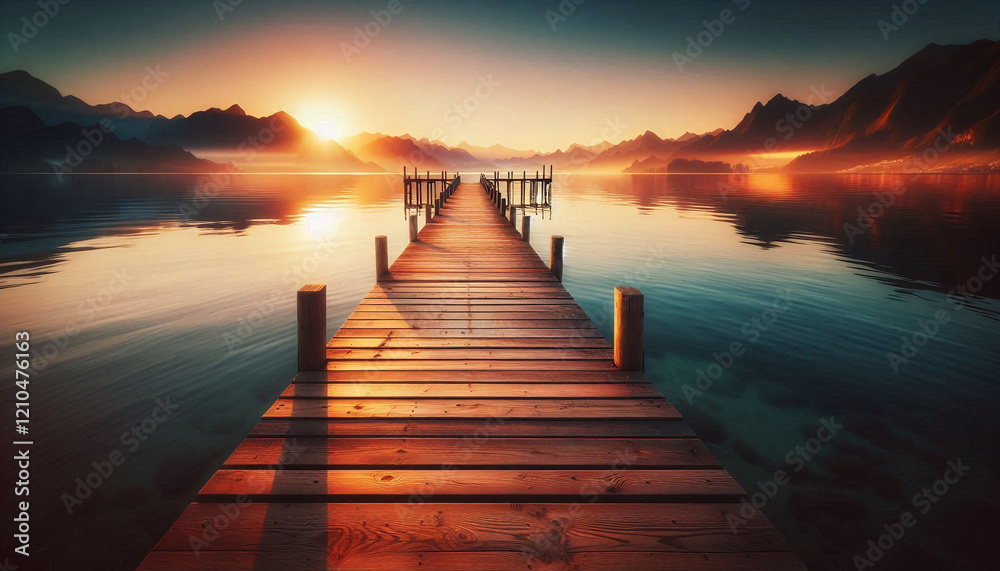Golden Sunset Reflections on a Serene Lake Dock