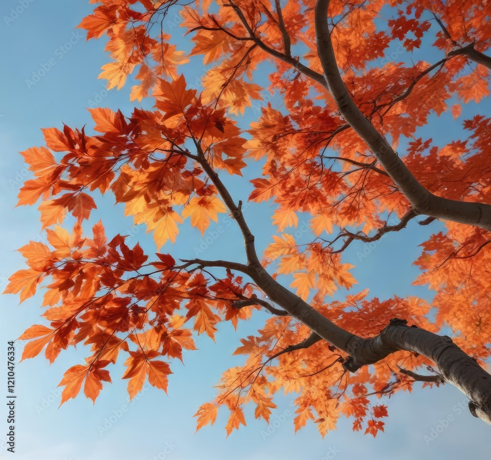 A sprawling branch of maple tree covered in bright orange and red leaves against a pale blue sky, red leaves, maple tree A sprawling branch of maple tree covered in bright orange and red leaves against a pale blue sky, red leaves, maple tree