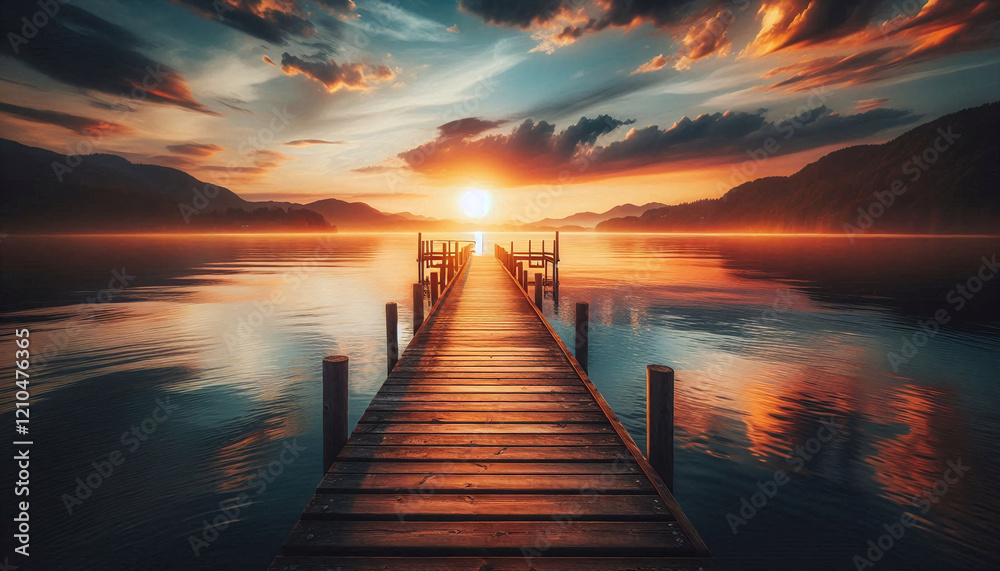 Majestic Sunset Over a Tranquil Lake Pier