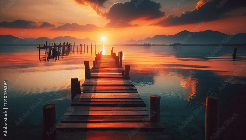 Majestic Sunset Over a Tranquil Lake Pier