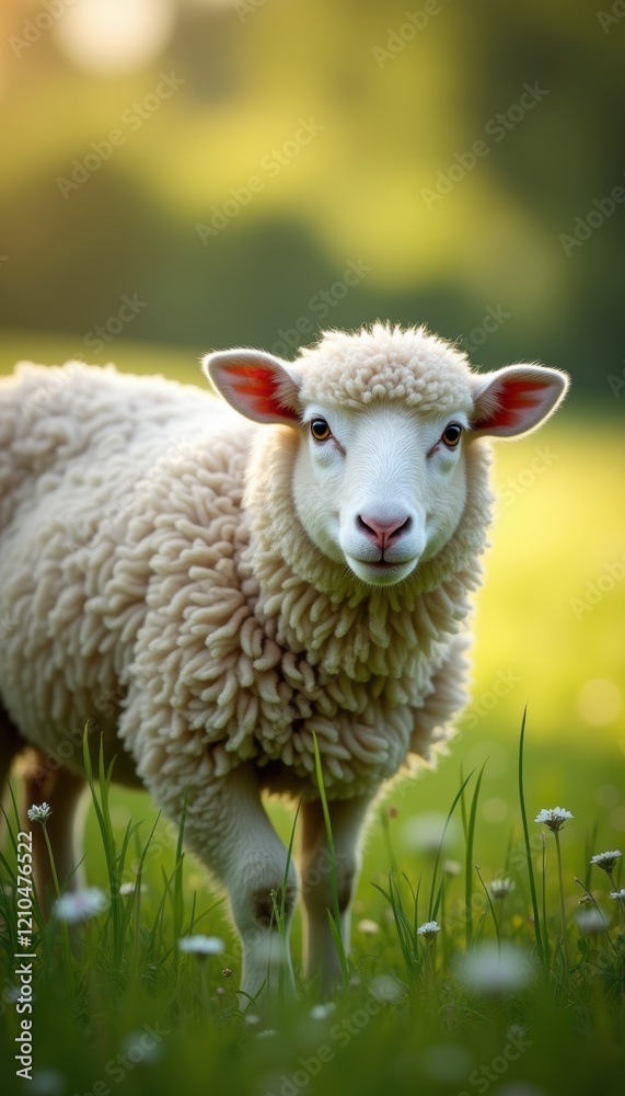 Fototapeta premium A cute lamb in a green meadow, capturing the essence of pastoral beauty and tranquility. Perfect for nature, agriculture, or animal-themed projects.