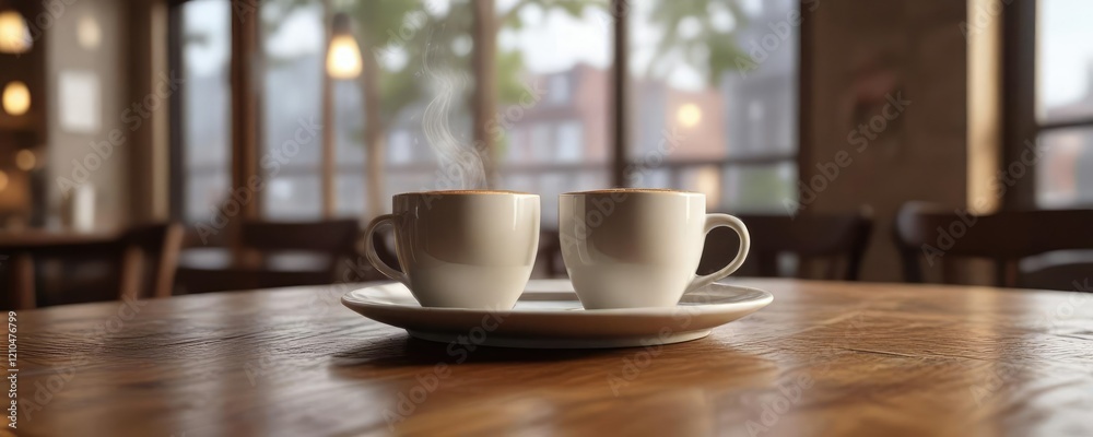 A steaming hot cup of coffee sits on a wooden table in a quiet coffee shop amidst the morning atmosphere, steam, lighting