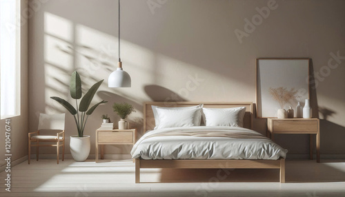 Obraz na płótnie Minimalist Bedroom with Natural Light and Plants w salonie