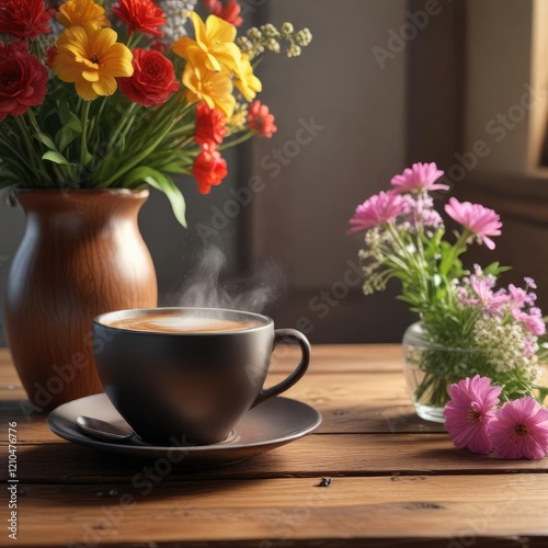 a steaming hot cup of coffee is placed on a wooden table with a beautiful vase and flowers around it, wooden table, decorative item