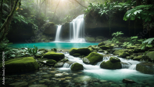 A serene waterfall flows into a bright blue pool surrounded by mossy rocks and lush greenery. This idyllic, natural scene is suitable for use as stock media.