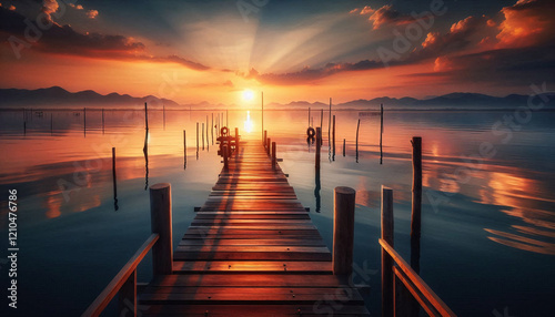 Obraz na płótnie Serene Sunset at a Rustic Fishing Pier w salonie