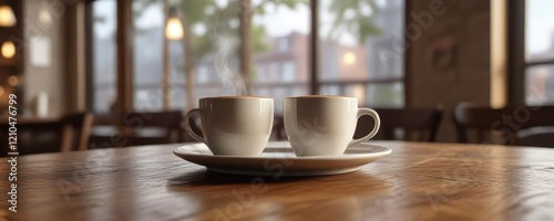 Wallpaper Mural A steaming hot cup of coffee sits on a wooden table in a quiet coffee shop amidst the morning atmosphere, steam, lighting Torontodigital.ca