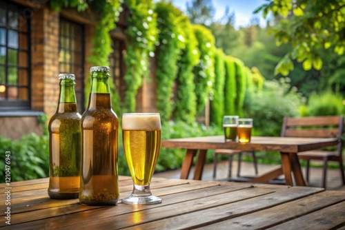 A stone patio in the background with a glassware-filled wooden table and two bottles of beer on it, stonypatio, garden furniture, wine glasses, landscaping, stone decoration photo