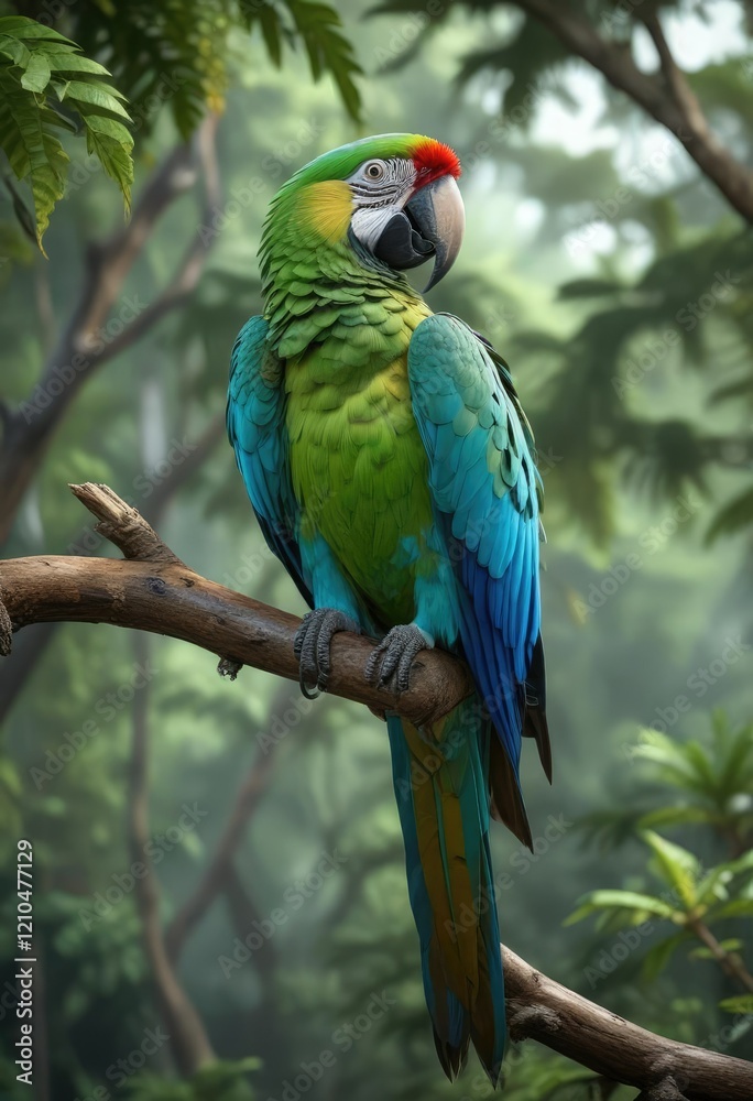 A stunning blue and green macaw perches on a curved branch in the heart of the rainforest, colorful bird, bird species identification A stunning blue and green macaw perches on a curved branch in the heart of the rainforest, colorful bird, bird species identification