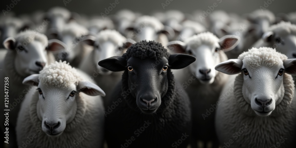 Obraz premium A striking image of a black sheep standing out amidst a flock of white sheep, symbolizing uniqueness and individuality in a crowd.