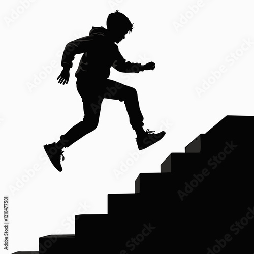Silhouette of a child jumping up the stairs