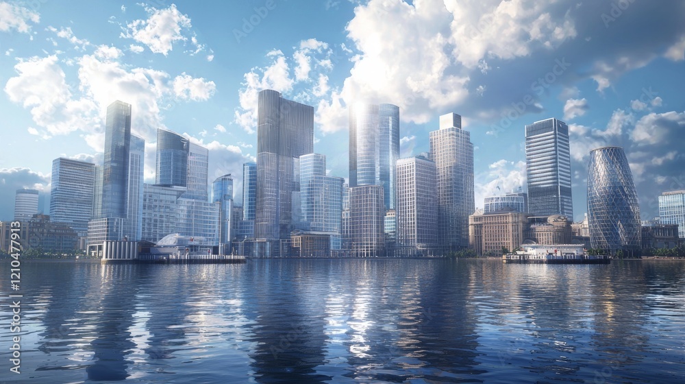 Obraz premium photorealistic, canary wharf, skyscrapers financial district, sunny and bright