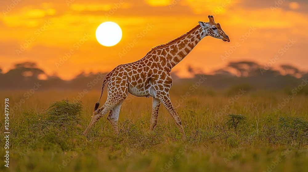 Obraz premium Giraffe walking sunset savanna Africa wildlife.