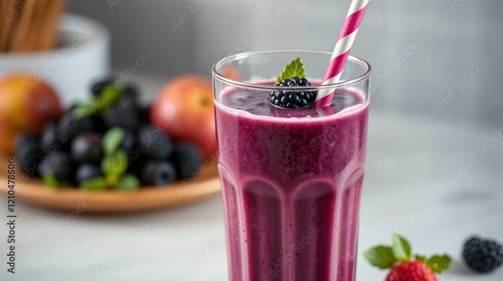 Close-up Purple Blackberry Smoothie with Striped Straw and Fresh Fruit Display
Close-up Purple Blackberry Smoothie with Striped Straw and Fresh Fruit Display