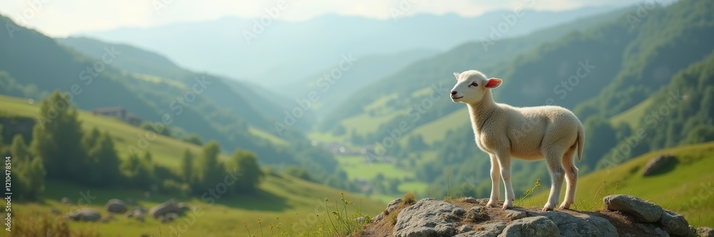 Fototapeta premium A serene landscape featuring a sheep standing on a rock, surrounded by lush green hills and mountains. Ideal for agriculture, nature, or rural lifestyle themes.