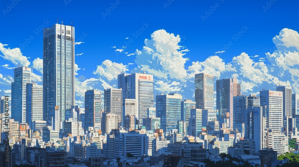 Depict the cityscape of Tokyo under a bright blue sky Depict the cityscape of Tokyo under a bright blue sky
