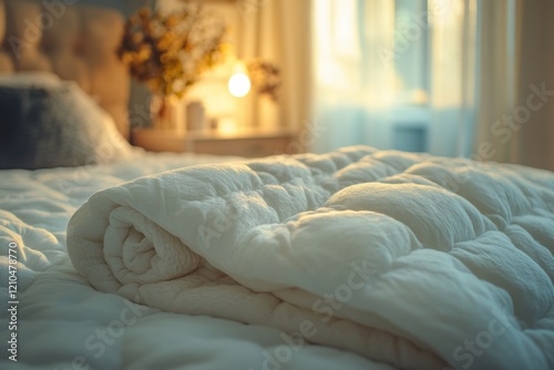 A close-up shot of an elegant white duvet.
 photo