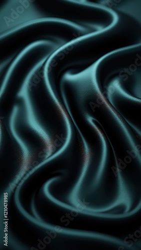 Ethereal cyan waves ripple across dark silk fabric creating mesmerizing patterns and fluid curves. Luxurious material catches light dramatically, showcasing smooth undulations and graceful folds.
