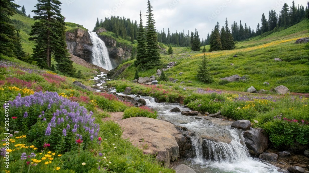 Obraz premium A tranquil waterfall cascades down a rocky slope amidst a lush floral valley filled with vibrant wildflowers and towering trees, cascade, greenery, rock, calm, landscape