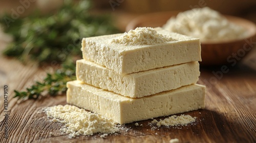 Fermented stinky tofu cubes, delicious and awaiting your cooking or tasting, can be found at a lively street food market in Asia photo