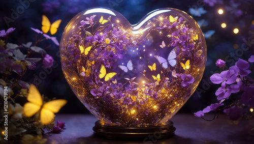 A heart-shaped glass globe containing butterflies and purple flowers glows warmly, surrounded by more flowers and bokeh. It is part of an image selection for Adobe Stock.