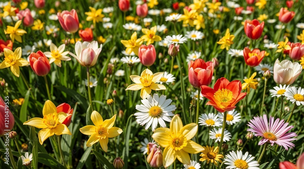 Fototapeta premium Bright Garden Close-up of Mixed Spring Flowers Creating Vibrant Natural Display