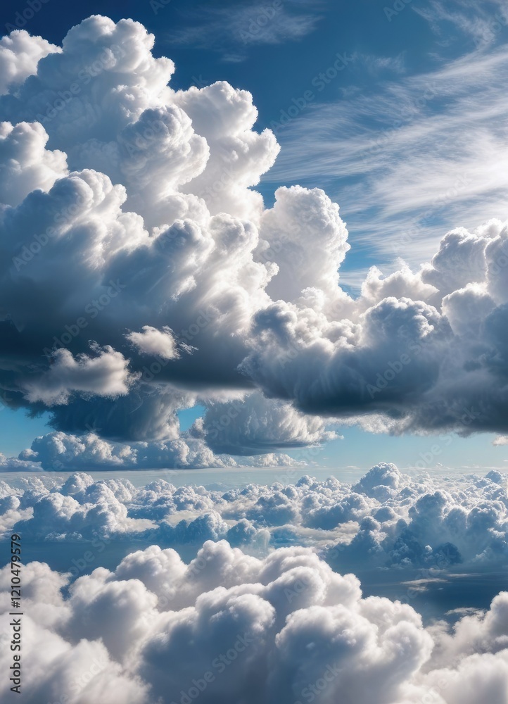 A vast expanse of blue sky with puffy white cumulus clouds and thin grey stratus clouds layered on top, blue sky, weather, soft focus A vast expanse of blue sky with puffy white cumulus clouds and thin grey stratus clouds layered on top, blue sky, weather, soft focus