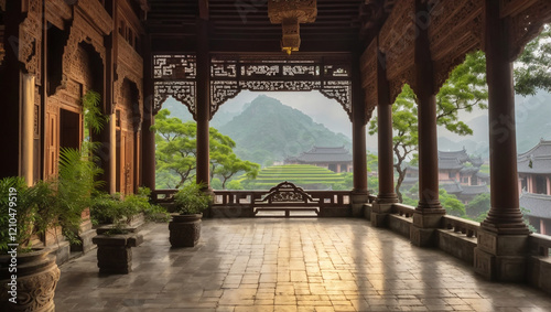 A well-lit, indoor photo shows a large balcony with detailed, traditional wooden railings. The image is one of many submitted to Adobe Stock.