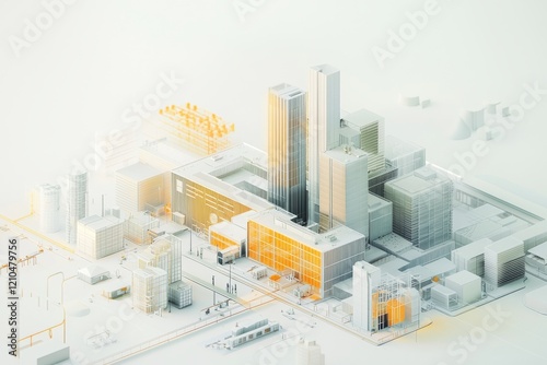 Wallpaper Mural architectural complex,In the middle there is a tall sub-building, office, white-collar, industrial scene, isometric floor, HD 4K clear frosted glass, light yellow and a little orange, cream background Torontodigital.ca