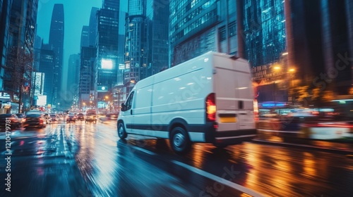 A delivery van driving through a bustling cityscape, navigating busy streets to ensure on-time delivery, with tall buildings and city lights in the background, showcasing urban logistics