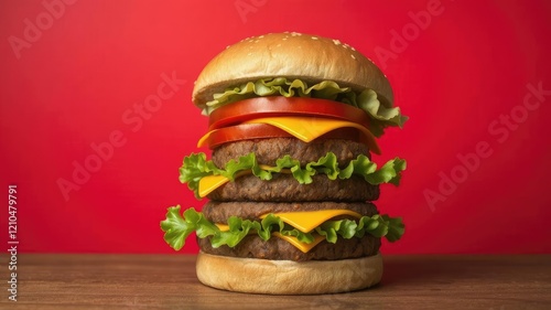 A very tall hamburger with lettuce, tomato, cheese, and a beef patty on a vibrant red background, bun, burger, calories