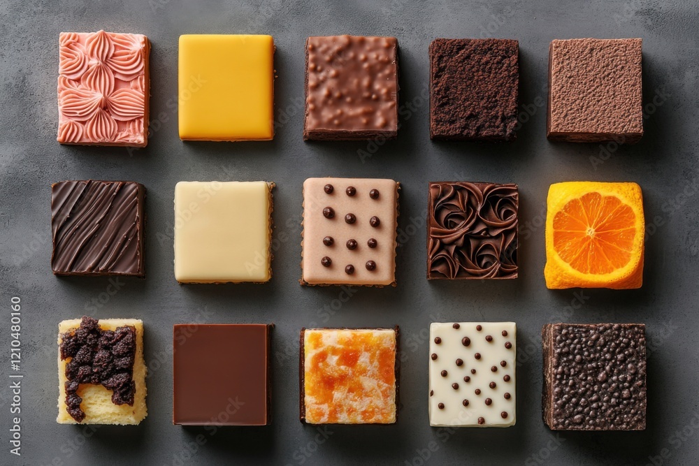 A top view of various cakes on a gray concrete background.
A top view of various cakes on a gray concrete background.
