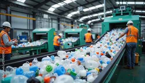 Workers recycling plastic bottles on conveyor belt in industrial facility, sustainability
