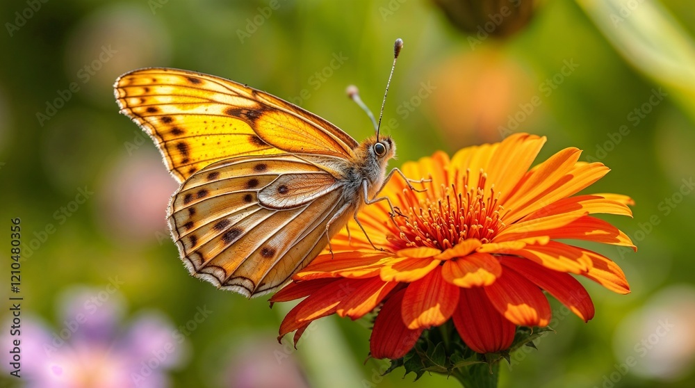 Vibrant Orange Butterfly Gracefully Perched on Matching Orange Blossom in Sunlit Garden
Vibrant Orange Butterfly Gracefully Perched on Matching Orange Blossom in Sunlit Garden