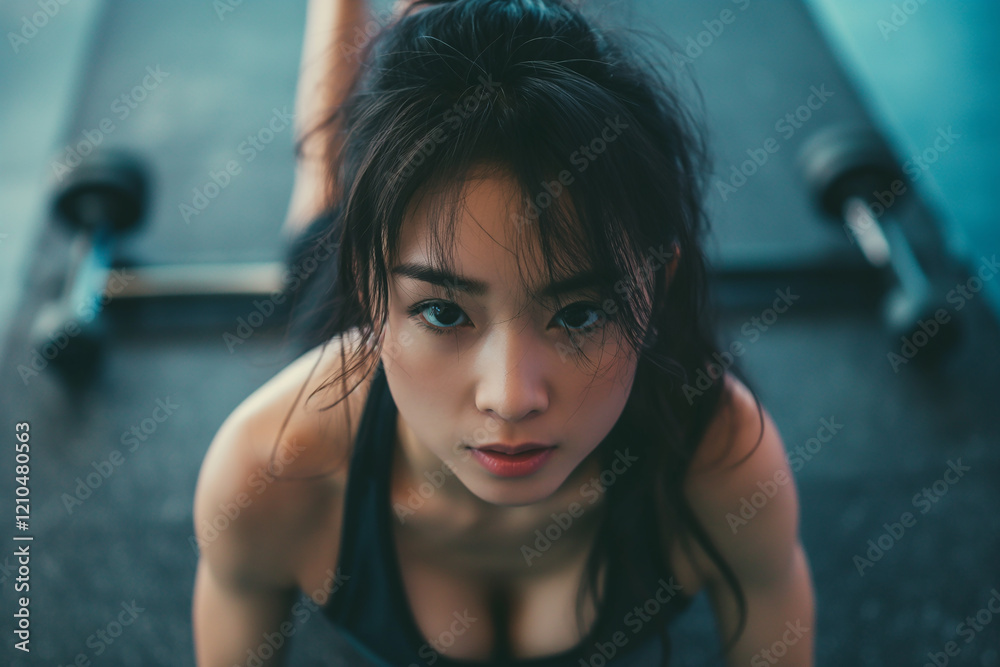 Naklejka premium A woman is posing for a picture in a gym