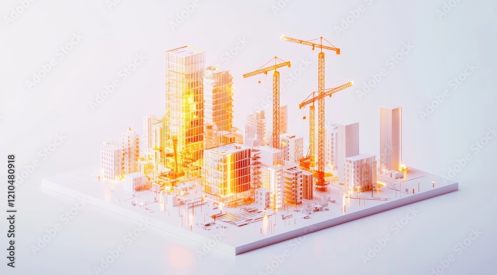 3D isometric city with buildings under construction featuring cranes and glass windows on a white background with soft, warm lighting and colors 3D isometric city with buildings under construction featuring cranes and glass windows on a white background with soft, warm lighting and colors