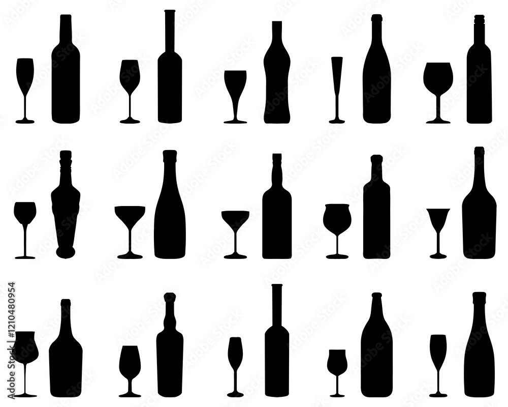 Black silhouettes of wine bottles and glasses on a white background Black silhouettes of wine bottles and glasses on a white background