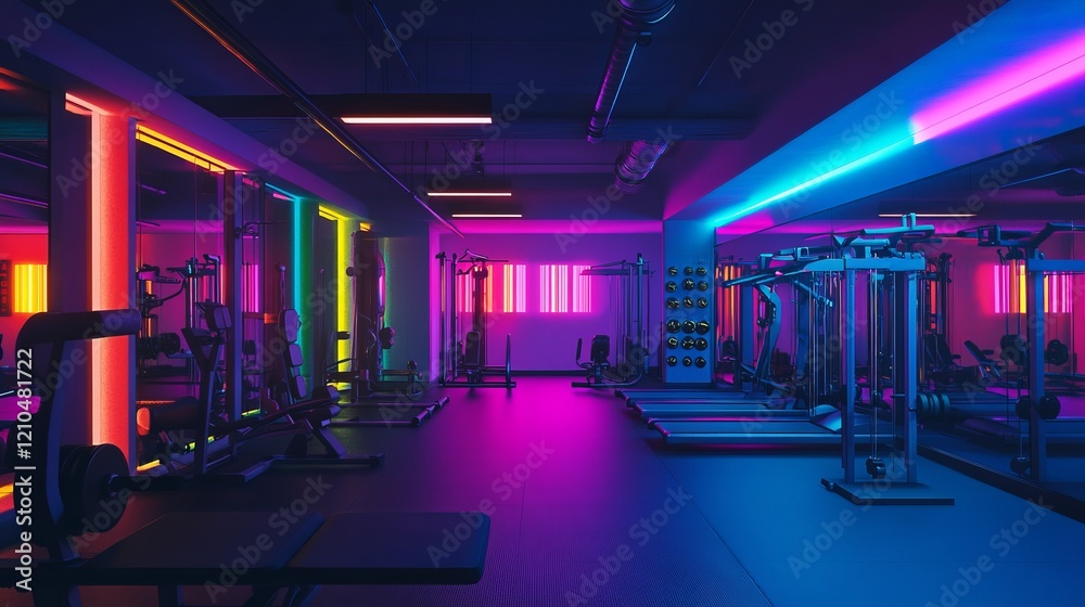custom made wallpaper toronto digitalfitness, neon palette, glowing gym with vibrant neon lights, energetic and lively atmosphere.