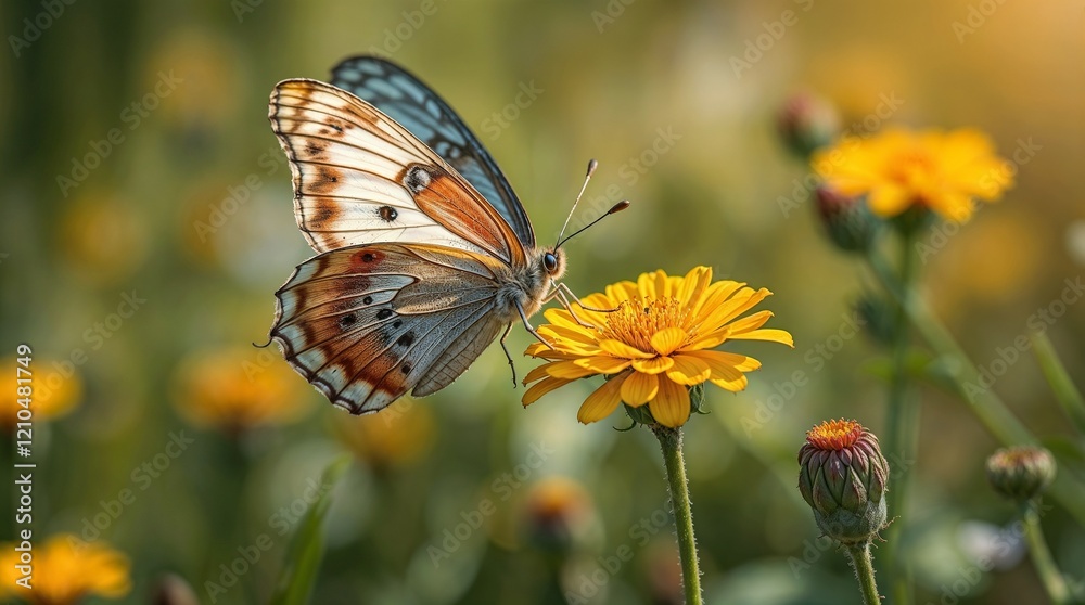 Detailed Portrait of Orange-White Butterfly Resting on Brilliant Yellow Flower in Sun-Dappled Garden
Detailed Portrait of Orange-White Butterfly Resting on Brilliant Yellow Flower in Sun-Dappled Garden