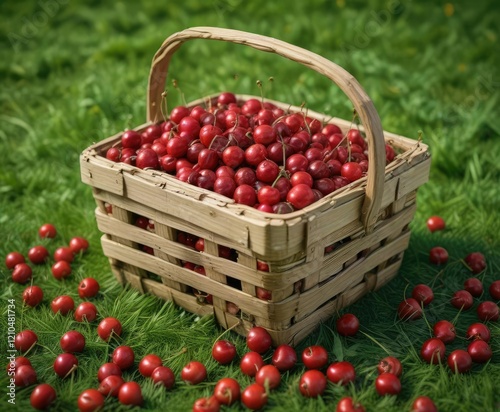 A wooden basket overflowing with juicy red cherries on a green grassy field, ripe cherries, outdoor still life